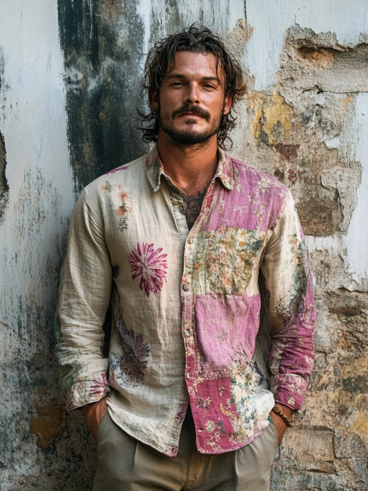 Boho Floral Art Vintage Men's Linen Shirt artswardrobe