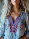 Boho Purple Floral Embroidered Contrast Linen Tunic artswardrobe
