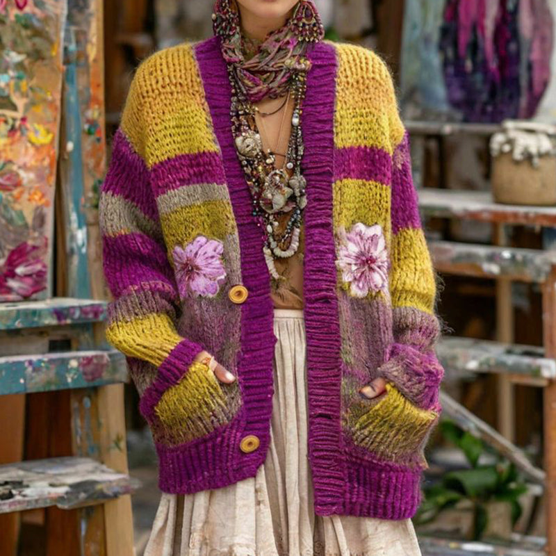 Women's Rainbow Floral Pattern Sweater Cardigan artswardrobe