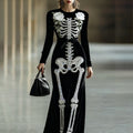 Comstylish Women's Halloween White Rose Skeleton Velvet Crew Neck Maxi Dress