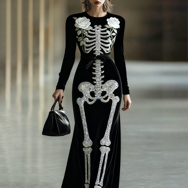 Comstylish Women's Halloween White Rose Skeleton Velvet Crew Neck Maxi Dress