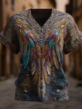 Western Sculpted Style Three-dimensional Feather Gem V-neck Vintage Short-sleeved Shirt artswardrobe