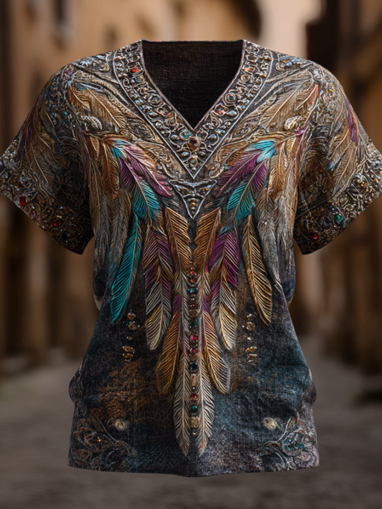 Western Sculpted Style Three-dimensional Feather Gem V-neck Vintage Short-sleeved Shirt artswardrobe