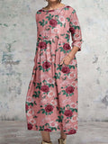 Women's Elegant Floral Classic Round Neck Cotton and Linen Dress