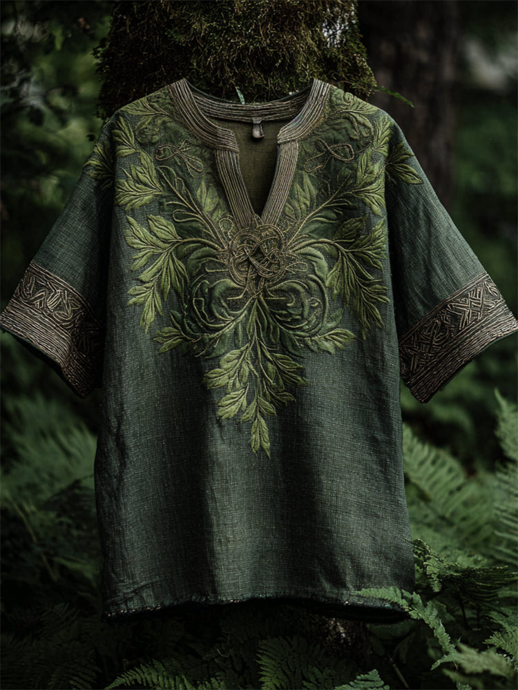 Vintage Celtic Knot Fern Embroidered Linen Shirt artswardrobe