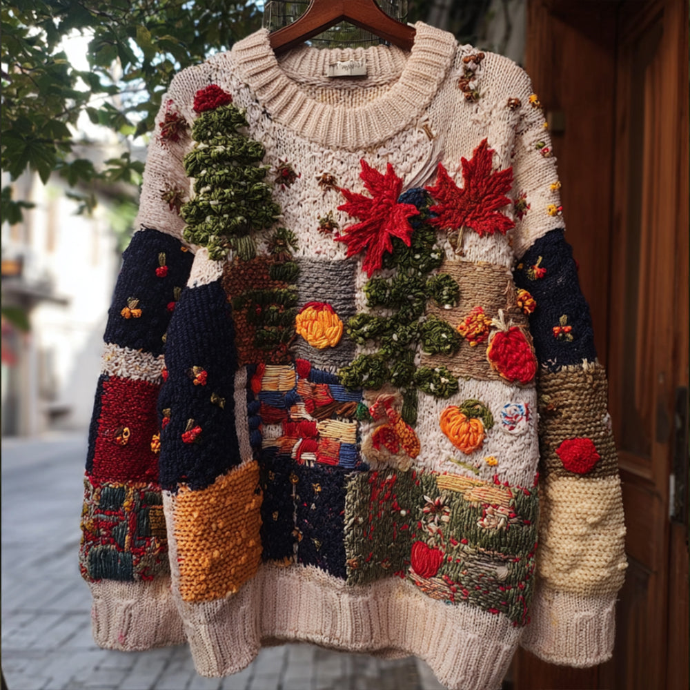 Comstylish Maple Leaf Patchwork Checkered Round Neck Sweater