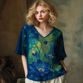 Women's Vintage Lotus Floral Landscape Art Embroidery Sleeve Shirt artswardrobe