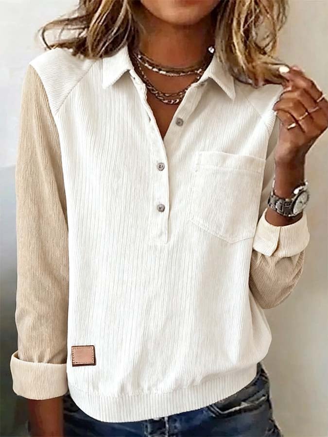 Women'S Casual Loose Corduroy Splicing Long Sleeve Top 