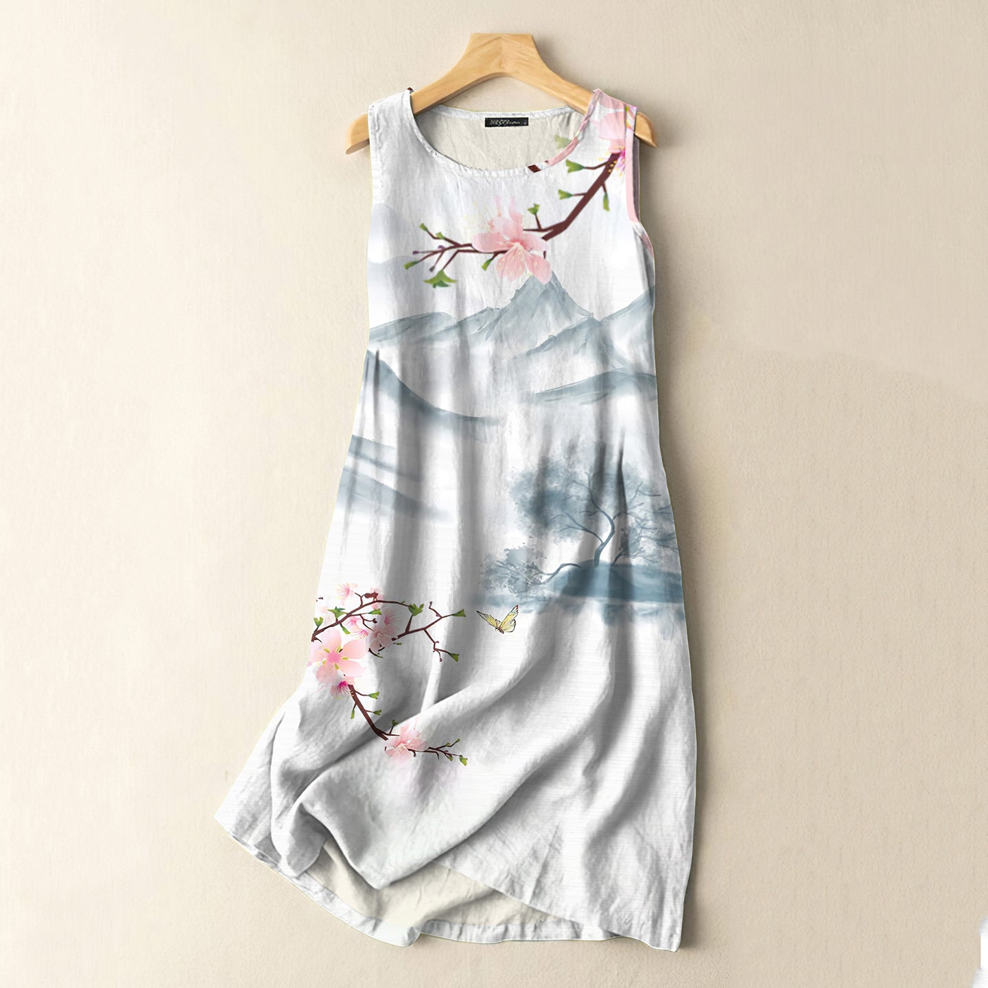Comstylish Vintage Japanese Ink Flower Art Print Sleeveless Cotton And Linen Midi Dress