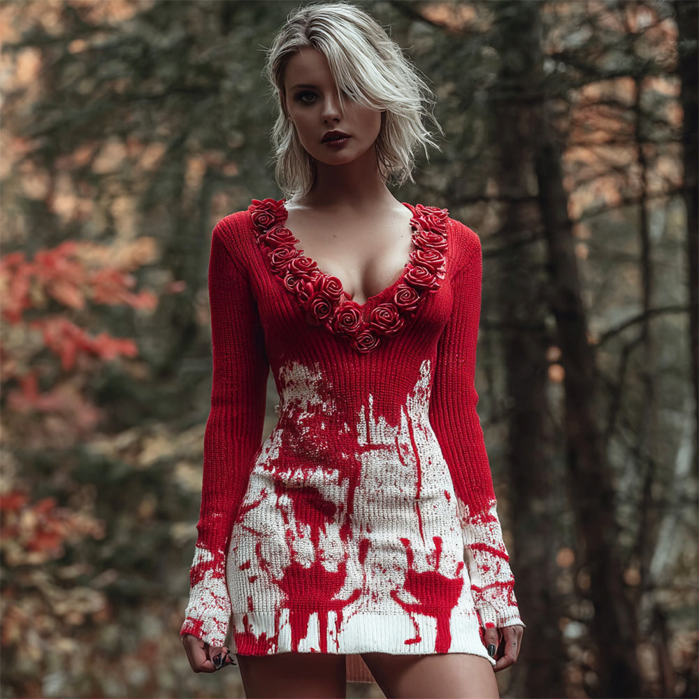 Comstylish Halloween Blood Handprint & Rose Art Women's Knit V-neck Mini Dress