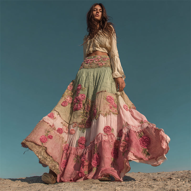 Vintage Boho Pink Rose Textile Patchwork Flowy Linen Wide Skirt artswardrobe