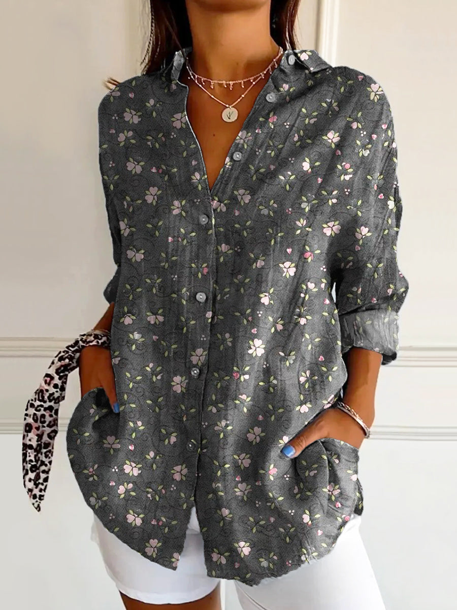 Women's Vintage Floral Art Print Casual Cotton Shirt