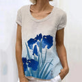 Comstylish Japanese Retro Orchid Art Painting Linen Casual T-Shirt