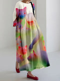 Whimsical Cat & Girl Art Linen Blend Maxi Dress elevenforest