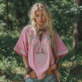Women's Pink Rose Celtic Knot Art V Neck Linen Comfy T-shirt artswardrobe