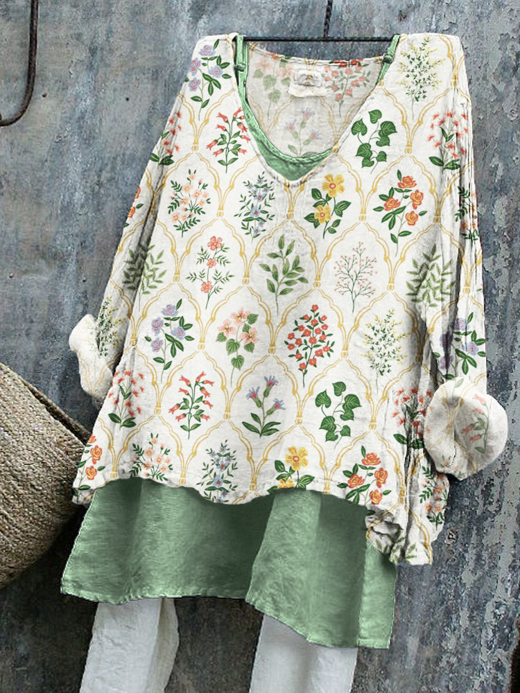 Vintage Flowers Botanical Pattern Linen Tunic artswardrobe