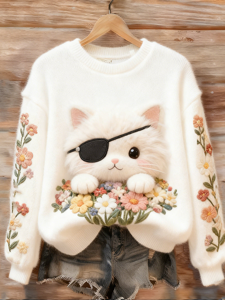 Comstylish Eye Mask Cat Floral Flannel Crewneck Sweatshirt