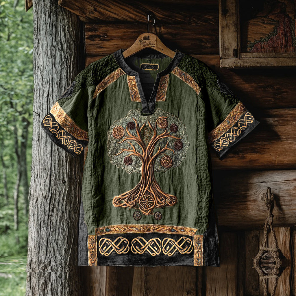 Men's Viking Tree Of Life Tribal Celtic Patchwork Art Linen Shirt artswardrobe