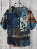 Vintage Patchwork Fabric Art Men's Linen V-neck Shirt artswardrobe