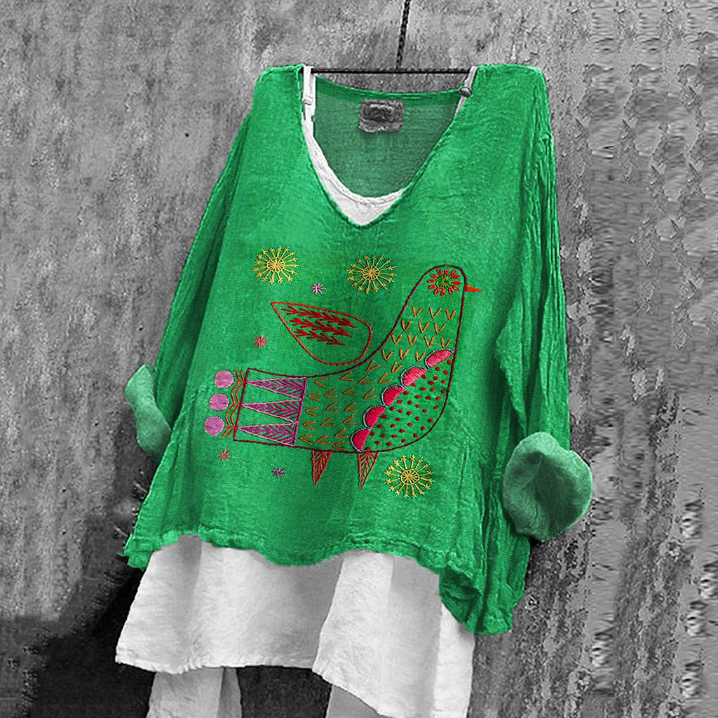 Comstylish Women's Vintage Floral And Bird Embroidery Cozy Shirt