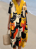 Funny Cat Pattern Patchwork Art V-Neck Dress elevenforest