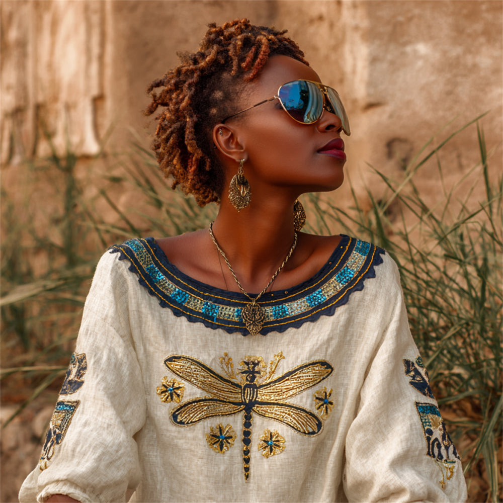Vintage Dragonfly Art Women's Linen Round Neck Loose Top artswardrobe