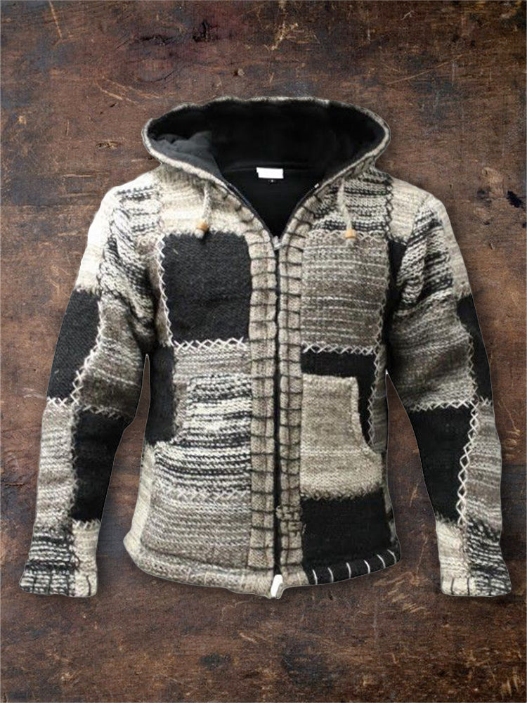 Men's Retro Heather Patchwork Stitched Cozy Hooded Cardigan artswardrobe
