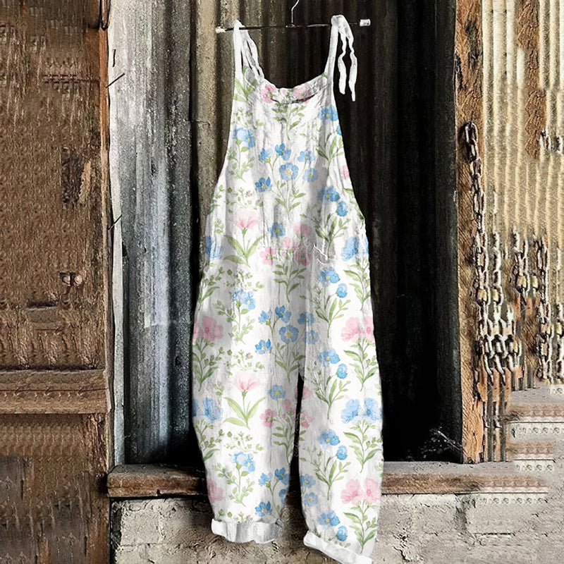 Women's Bohemian Style Floral Linen Print Cotton Linen Jumpsuit artswardrobe