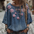 Comstylish Women's Vintage Floral Blue Tie-dye Top