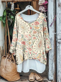 Retro Bohemian Plant Floral V-neck Cotton Linen Blouse artswardrobe