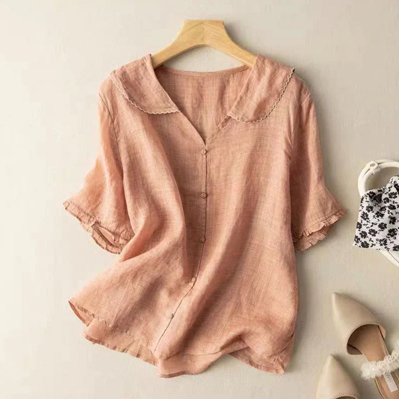Comstylish Women's Casual Lapel Linen Solid Shirt