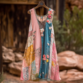 Women's Vintage Floral Applique Art Sleeveless Dress artswardrobe