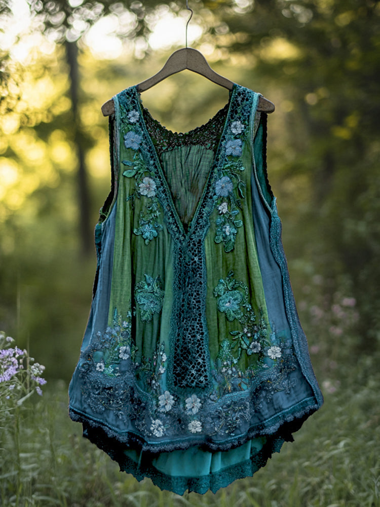 Boho Lavender Lace Art Linen Lace Patchwork Art  Sleeveless Tank Top artswardrobe
