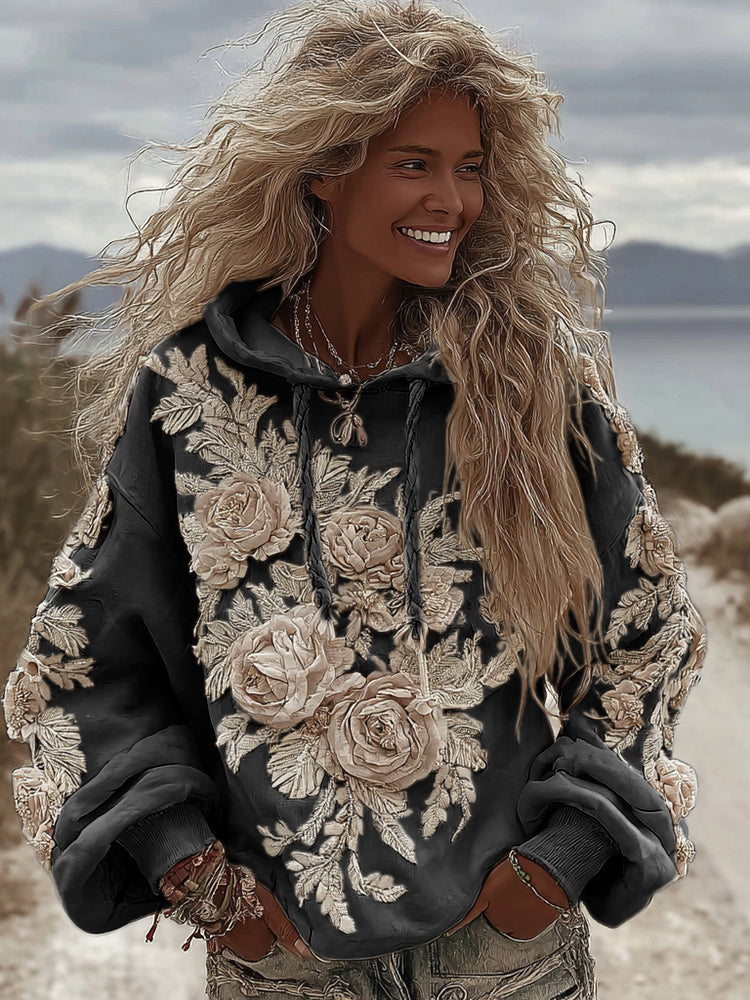 Women's Classic Romantic White Rose Embroidery Art Comfy Hoodie artswardrobe