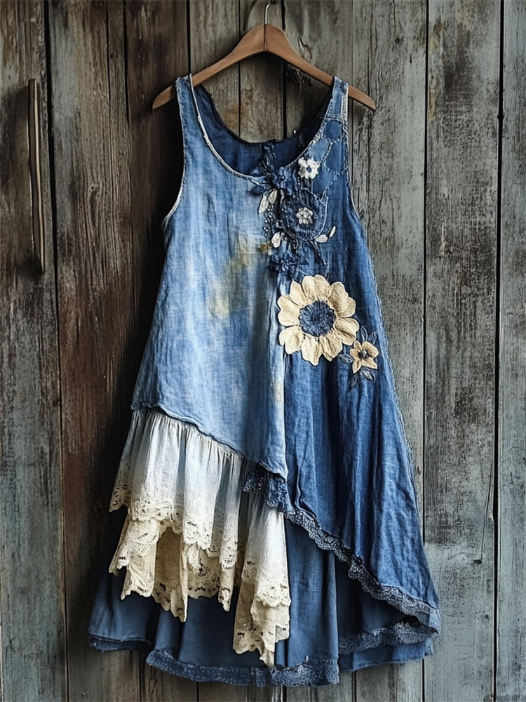 Flowers Denim Textile Lace Patchwork Tank Dress artswardrobe