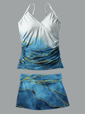 Gradient Gold Edge Blue Water Ripples V-Neck Vintage Flowers Print Suspender Skirt Tankini Pantskirt Set Swimsuit