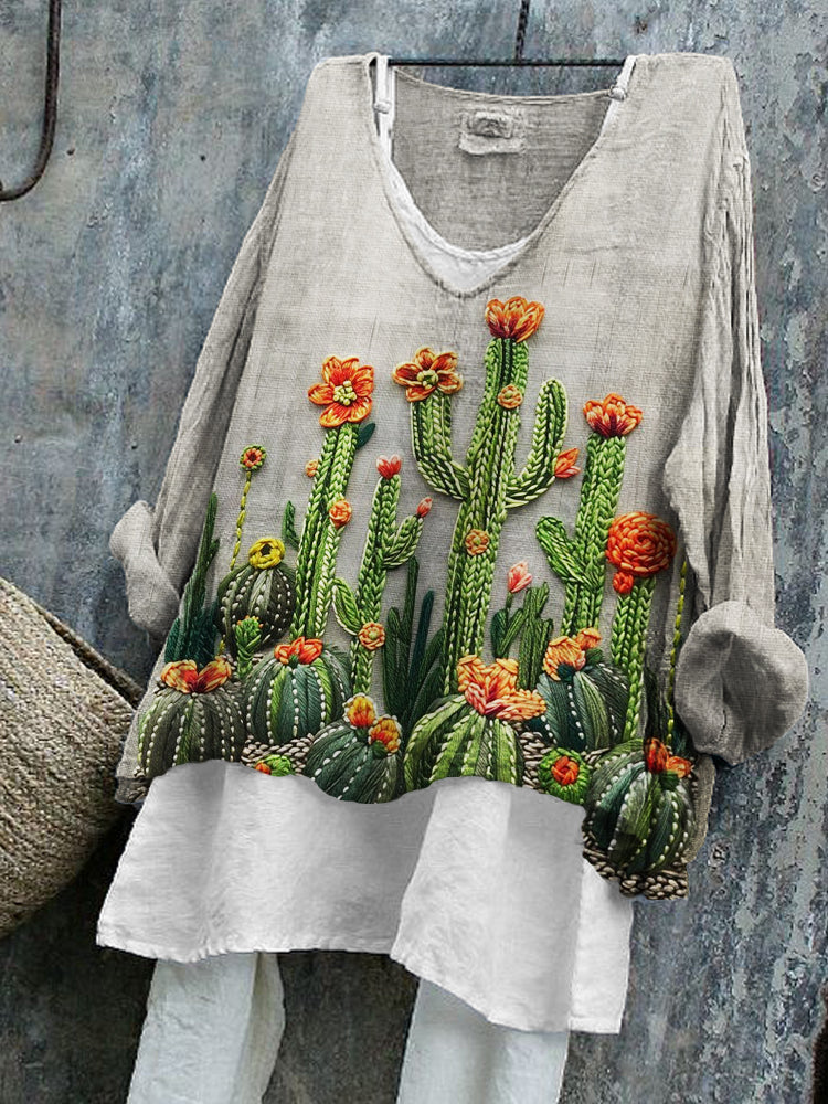 Comstylish Floral Cactus Embroidery Art Linen Blend Tunic