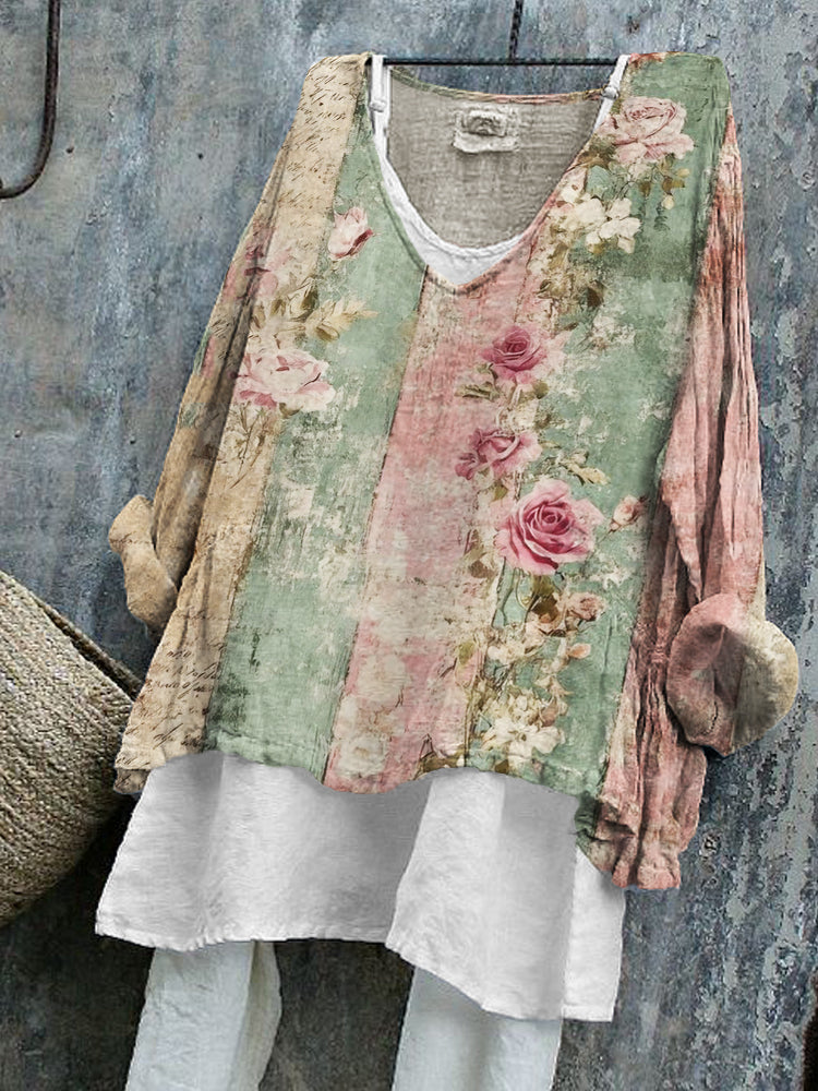 Vintage Roses Floral Colorblock Linen Tunic artswardrobe