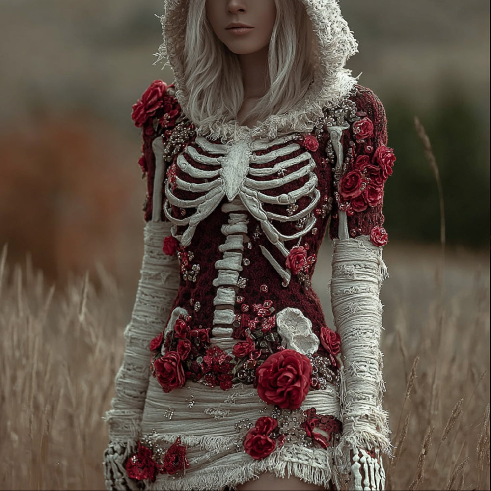 Comstylish Halloween Skeleton And Wild Rose Bandage Hoodie Skirt