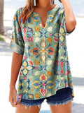 Women's Retro Ethnic Totem Art Print Short Sleeve Cotton and Linen Shi