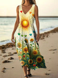 Women's Bohemian Floral Art Print Pocket Cotton Dress