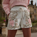 Comstylish Women's Vintage Pink Floral Embroidery Art Shorts