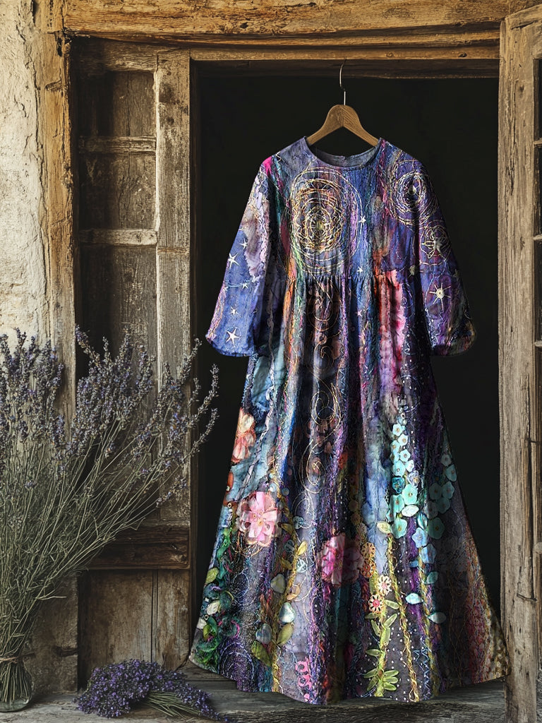 Women's Vintage Floral Print Flowy Cotton Crew Neck Dress