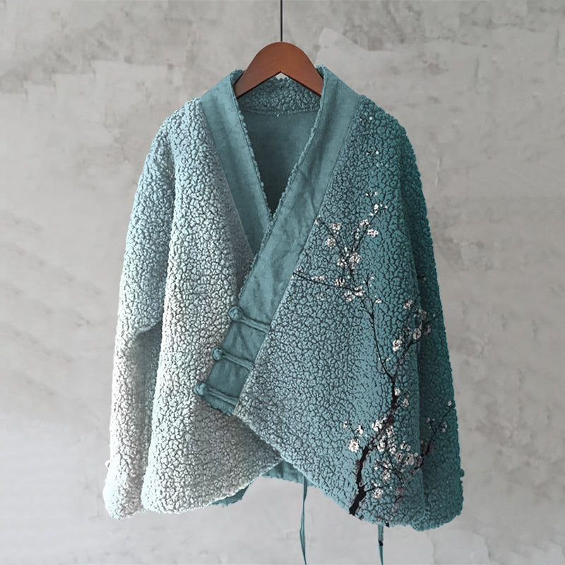 Comstylish Vintage Cherry Blossom Gradient Japanese Art Cozy Fleece Kimono Cardigan