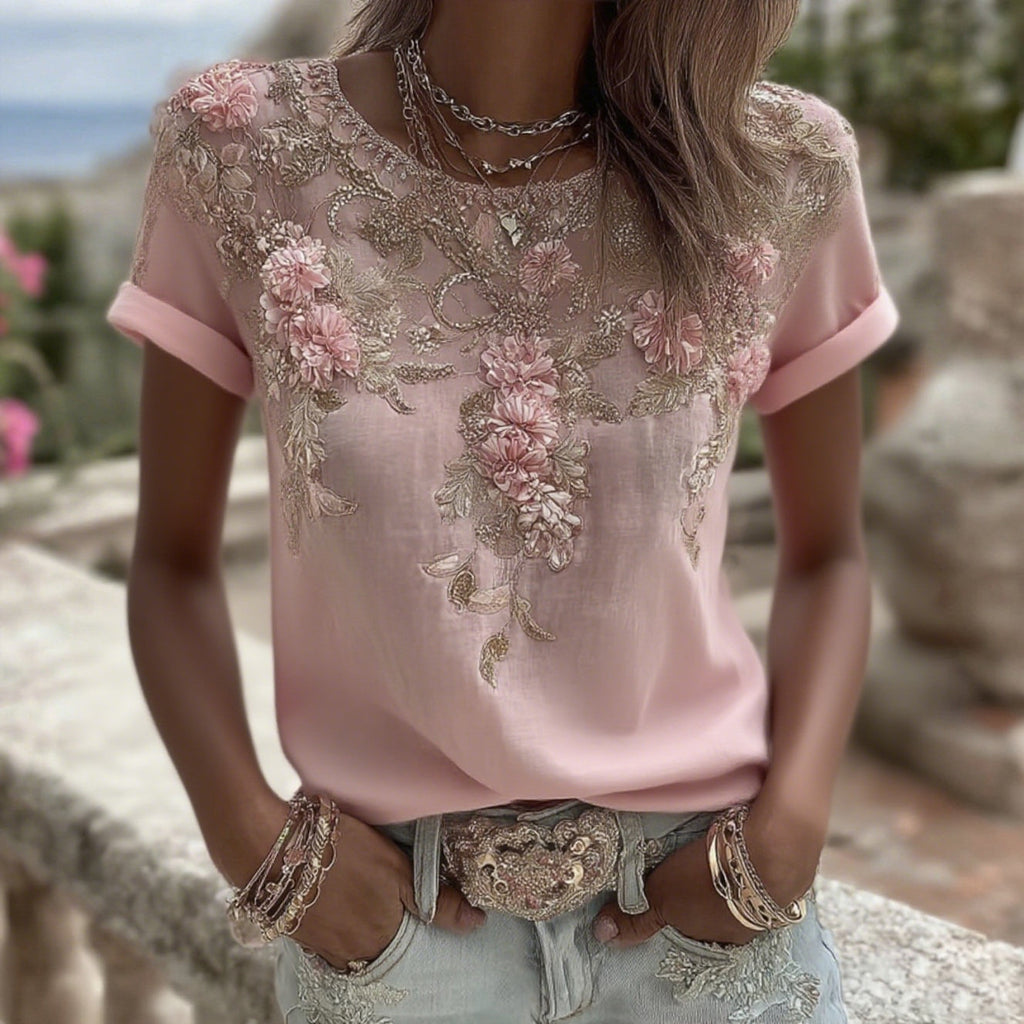 Women's Vintage Pink Rose Embroidery Art Round Neck Short Sleeve Linen Blend T-shirt artswardrobe