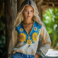 Ukraine Sunflower Embroidery Blend Linen V Neck Loose Blouse artswardrobe