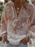 Comstylish Women's Three-dimensional Romantic Flower Embroidery Casual Retro Long-sleeved Shirt