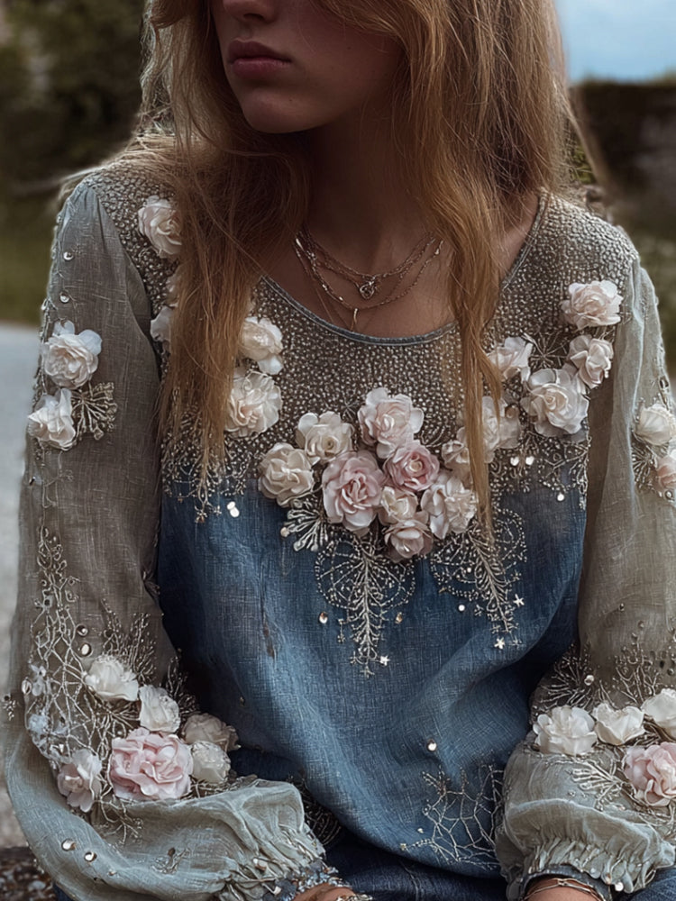 Stereoscopic Embroidery Rose Melancholy Blue Casual Long-sleeved Shirt