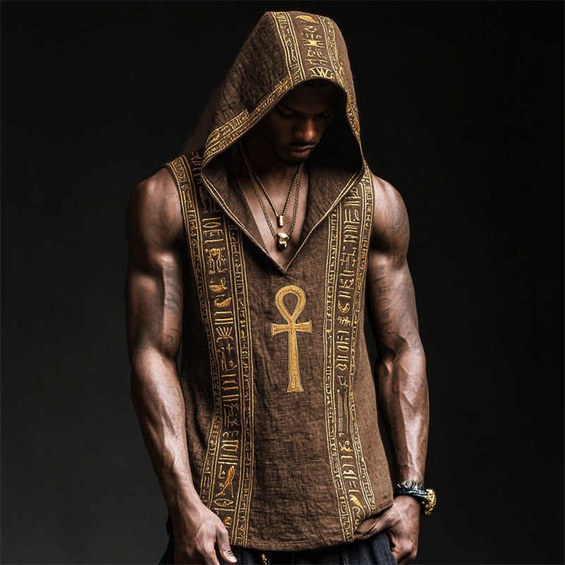 Men's Ankh Ancient Egyptian Embroidered Hooded Linen Tank artswardrobe