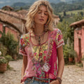 Comstylish Women's Bohemian Floral Embroidered Art Crew Neck Linen Blend T-shirt